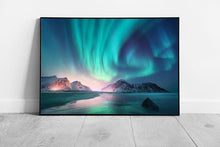 Load image into Gallery viewer, Aurora Borealis Wall Art Print - Northern Lights Over Sea  Mountains Lofoten Islands Framed Picture - Print Store
