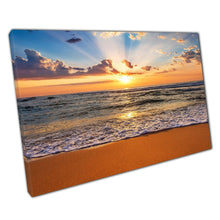 Load image into Gallery viewer, Beach Sunrise Wall Art Print - Sunrays Through Clouds Over Ocean  Golden Sandy Beach Decor for Home  Office - Print Store
