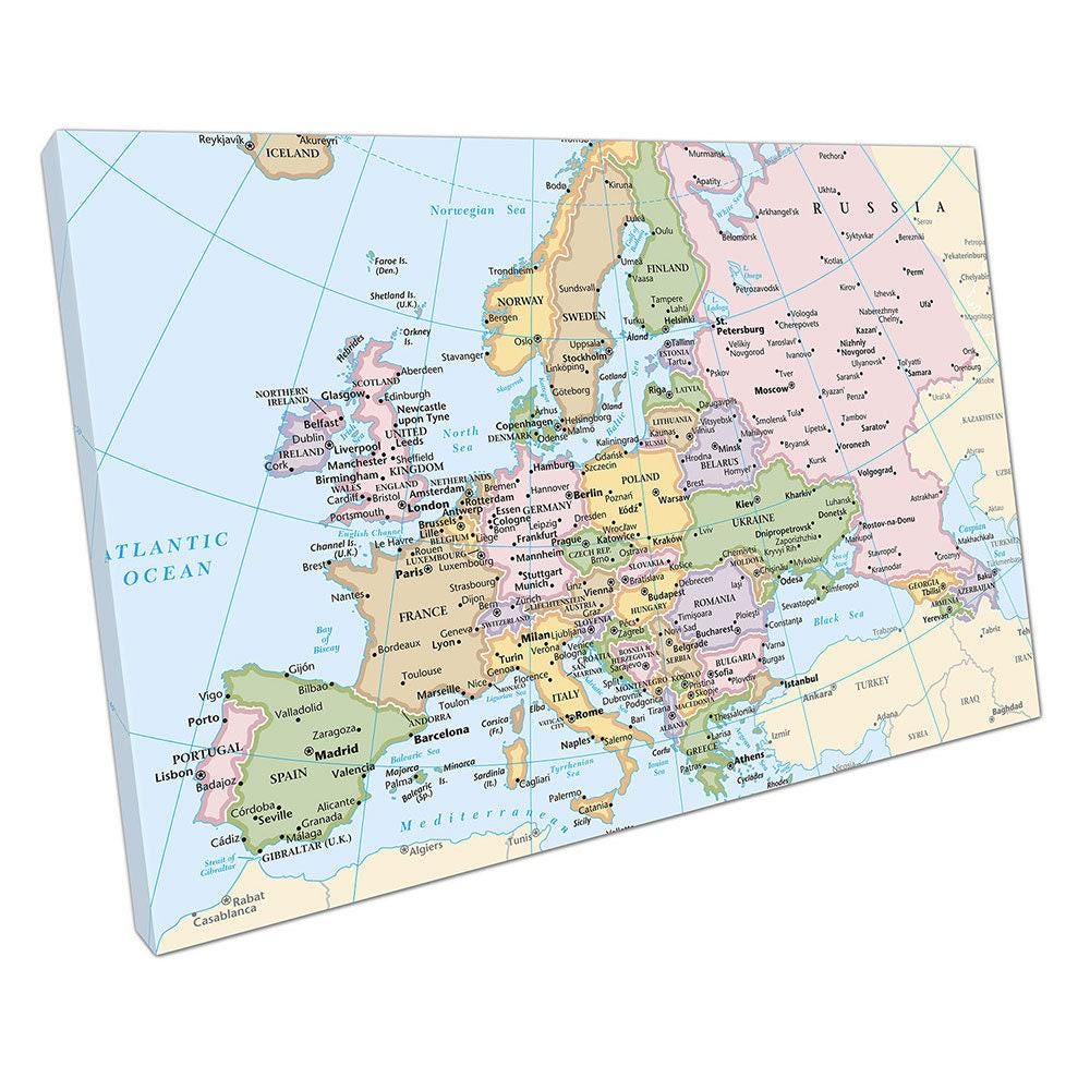 Light Blue Map of Europe Cities  Countries Wall Art Print  Ocean Decor Ready to Hang - Print Store