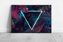 Load image into Gallery viewer, Vibrant Tropical Jungle Wall Art Framed Pink  Teal Triangle Print with Exotic Foliage - Print Store
