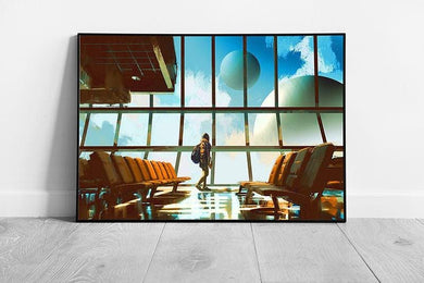 young girl walking in airport lounge looking at the planets Ready to Hang Wall Art Print Framed Picture print - Print Store
