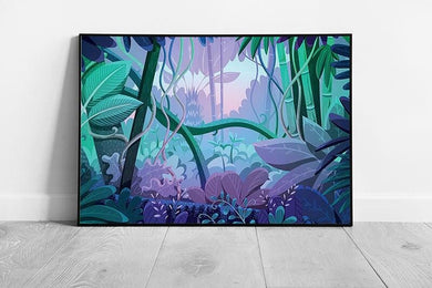 Vibrant Tropical Rainforest Wall Art: Framed Jungle Print with Blue, Green, and Purple Hues - Print Store