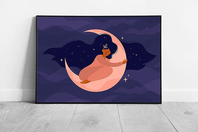 Woman Girl Hugging Sleeping On Crescent Moon Dreaming Peacefully Digital Art Wall Art Print on Paper Framed Picture print - Print Store