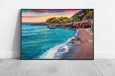 Vibrant Blue Sunrise Seascape Print: Apelistra Beach Albania Ocean Wall Art for Home Decor - Print Store