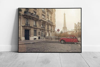 Vintage Parisian Scene: Framed Eiffel Tower Print with Red Car and Tree-Lined Street - Print Store