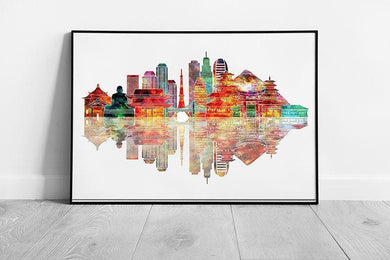 Watercolor Japan Skyline Wall Art Print Framed Landmark Decor - Print Store