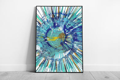 Vivid Abstract Expressionist Wall Art: Wild Blue & Gold Framed Print - Modern Home Decor - Print Store