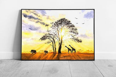 Wall Art Print Giraffes  Elephants at Dawn Under Tree in African Grasslands - Print Store