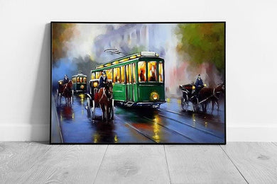 Vintage Horse-Drawn Tram Oil Painting: Framed Antique Urban Transport Wall Art Print - Print Store