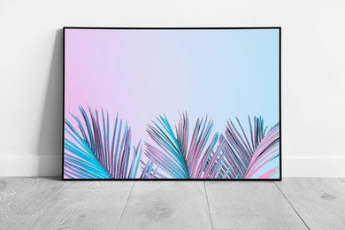 Vibrant Tropical Leaves Wall Art: Framed Print with Exotic Blue-Pink Gradient Background - Print Store